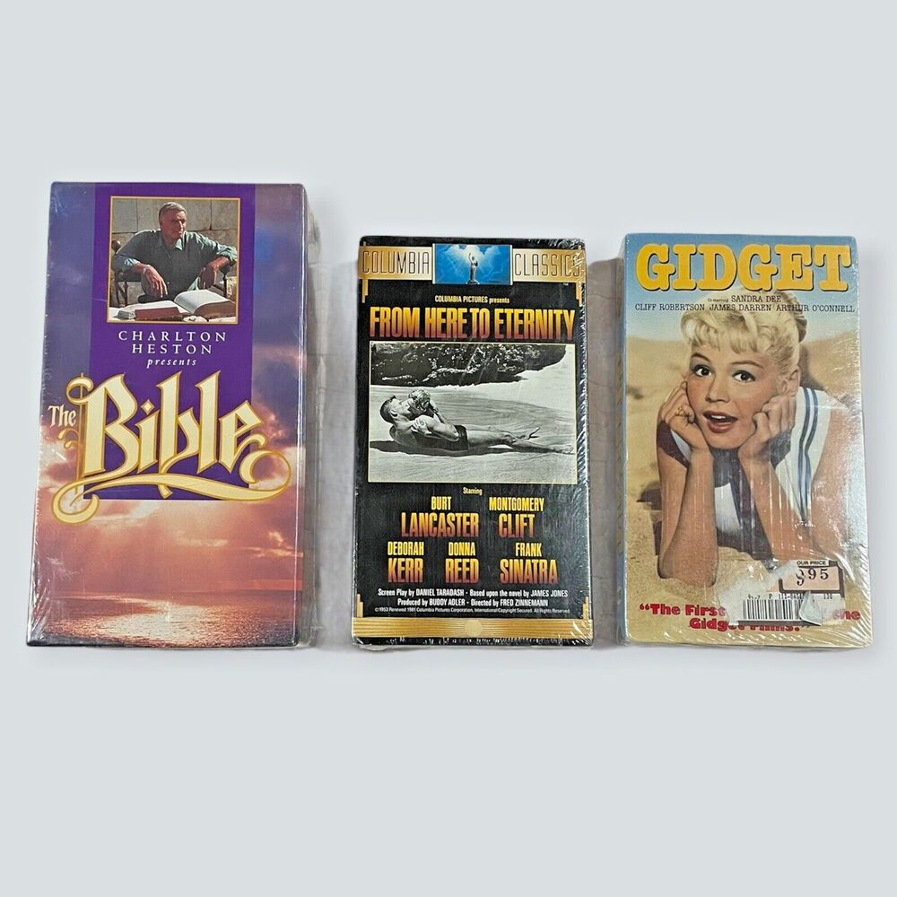 3 Classic VHS Movies The Bible Charlton Heston Gidget From Here To Eternity NIP
